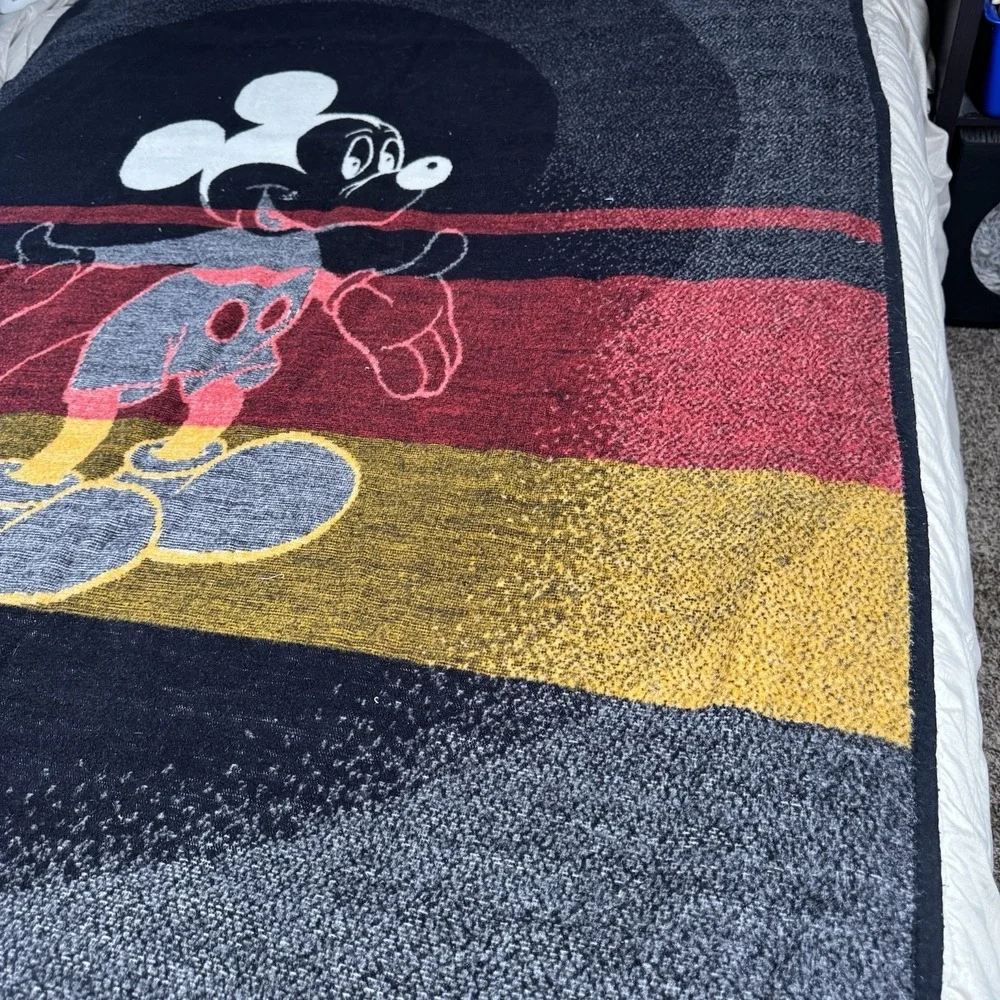 Vtg Biederlack Blanket MICKEY MOUSE Black White Reversible Disney 52x76 ***FLAWS